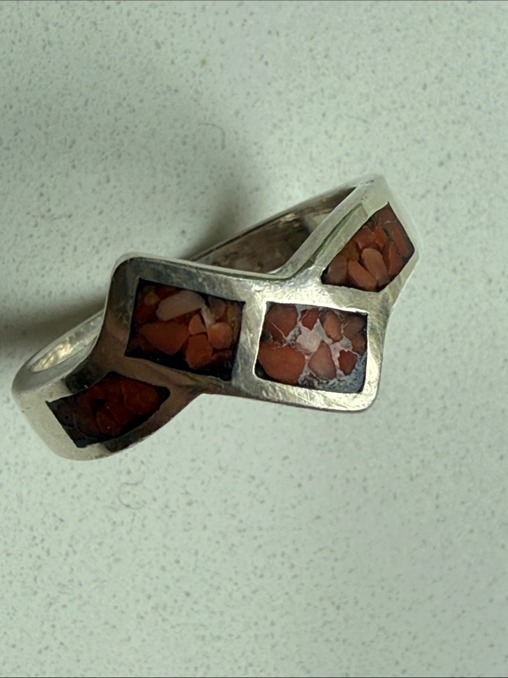 Sterling Silver Ring with Coral Inlay Geometric Design